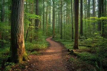 Traversing the winding path through the oldgrowth forest, surrounded by lush vegetation and towering trees of the sprucefir biome, one can't help but feel a sense of awe and connection to the natural - obrazy, fototapety, plakaty