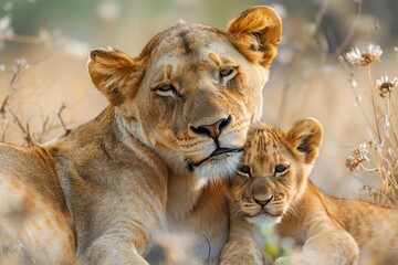 Obraz premium A majestic masai lion and her playful cub rest together in the wild, surrounded by the vibrant greens of the savannah