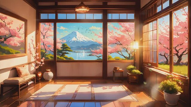 Japanese house interior in spring with cherry blossoms and mountain. Cartoon or anime watercolor digital painting illustration style. seamless looping 4k video animation background.