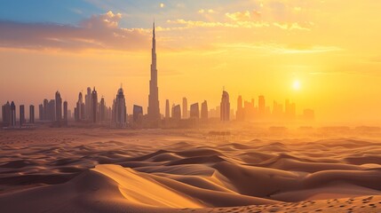 Dubai skyline in desert at sunset.  - obrazy, fototapety, plakaty