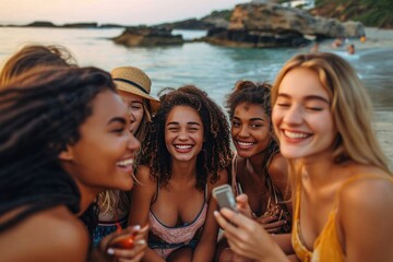 A group of happy women, with smiling faces and stylish fashion accessories, enjoying a fun-filled vacation on a boat in the sparkling lake surrounded by beautiful nature and their strong bond of frie