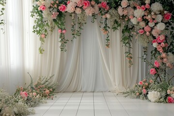 Fototapeta na wymiar Wedding backdrop aesthetic flower decoration indoor studio background AI Generated
