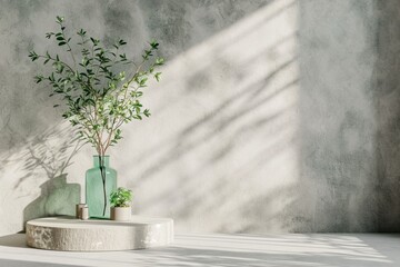 White empty concrete textured wall and podium stage background, green glass vase with plants, neutral sustainable natural brand product showcase template, mock up with copy space