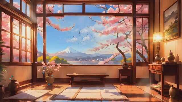 Interior of a Japanese house with large windows and beautiful views of spring . Cartoon or anime watercolor digital painting illustration style. seamless looping 4k video animation background.