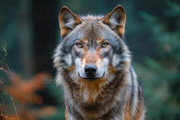 Intense gaze of a majestic red wolf, standing tall in the wild, exuding power and grace as it stares into the lens with its canine snout