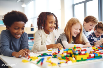 Diverse group of students studying in school classroom.Schoolchild Kids construct with blocks, learning technology basic. Robotic lesson for children. Educational hobby for multi-ethnic children