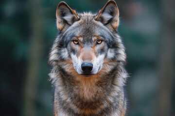 Fototapeta premium A majestic red wolf stands tall, its piercing gaze captivating as it surveys its wild surroundings with a sense of both fierce strength and curious intelligence