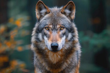 Naklejka na ściany i meble A curious red wolf stands tall and gazes intently at the camera, embodying the untamed spirit of the wild