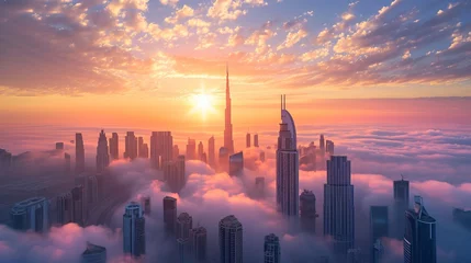 Foto op Plexiglas Dubai sunset panoramic view of downtown covered with clouds. Dubai is super modern city of UAE, cosmopolitan megalopolis. Very high resolution image © Zahid