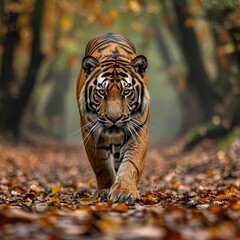 An elegant bengal tiger gracefully navigates through a vibrant forest, its powerful presence enhanced by the crunch of fallen leaves beneath its feet