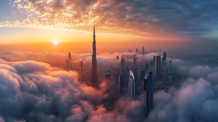 Dubai sunset panoramic view of downtown covered with clouds. Dubai is super modern city of UAE, cosmopolitan megalopolis. Very high resolution image - obrazy, fototapety, plakaty