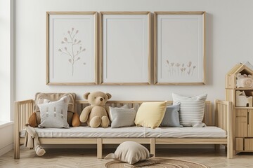 Fototapeta na wymiar Mock up poster frame in children room with natural wooden furniture on beige background, 3d render