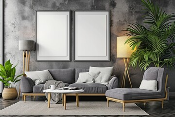 mock up poster frame in modern interior background, gallery wall in gray living room, Scandinavian Boho style