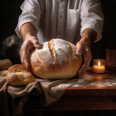 image of a man kneading a ball of bread on the table - 715978034