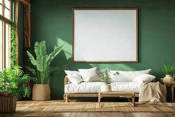 Mockup frame close up in green living room interior background with wooden rattan furniture, 3d render - obrazy, fototapety, plakaty