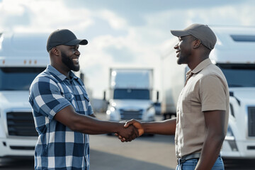 Happy Black Driver and Dispatcher Shaking Hands on Truck Parking Lot