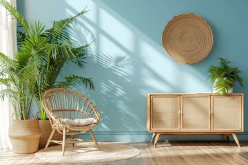Modern bright living room in costal style, rattan chair and wooden furniture on light blue wall background, 3d render