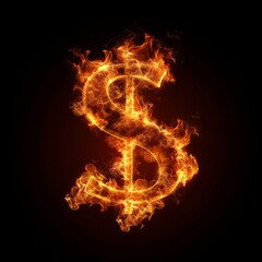 Inferno Dollar Sign isolated on Black Background. Photorealistic Buck Sign on Black backdrop. Square Illustration. Ai Generated Finance and Currency 3D Symbol.