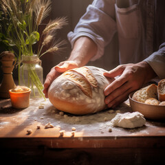 image of a man kneading a ball of bread on the table - 715978474