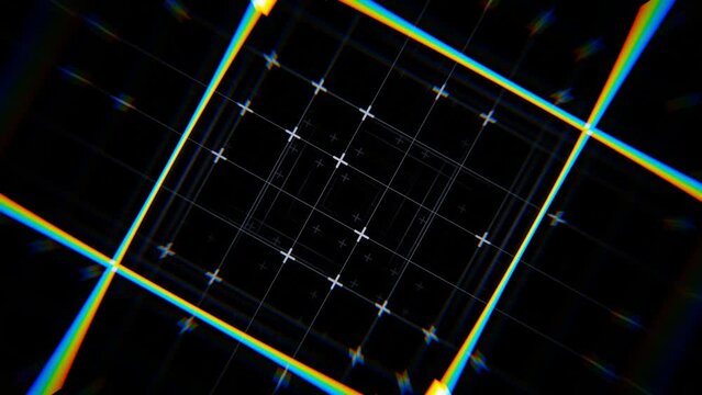 3d Abstract Technology Network Background. Glow science mathematics squared checkred information flying from black Electric guitar close up. Loop animation 30fps 4k