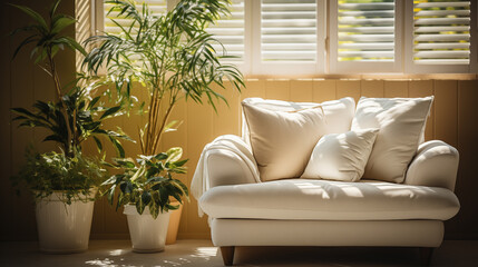 Light stylish furniture, beige and white armchair with decorative pillow, green plant in background, home style
