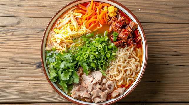 A richly colored and flavorful bowl of hand-pulled Chinese noodles swimming in a fragrant broth, topped with an array of fresh vegetables, succulent meats, and aromatic herbs. The