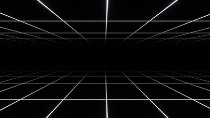 Fototapeta premium 3d abstract black and white background. Retrowave retro 80s 90s futuristic grey laser neon grid surface. Wireframe tunnel net in dark space isolated black Disco music template