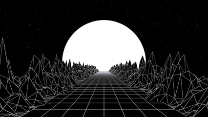 3d abstract black and white retroway. Retro 80s 90s retrowave landscape topographic. Grey mountains with neon sunset. Sci-fi y2k viral surface and space sky glowing stars