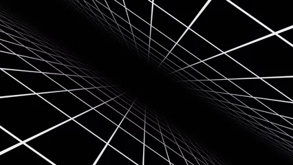 Foto op Plexiglas 3d retro futuristic black and white abstract background. Wireframe neon laser swirl grid lines with stars. Retroway synthwave videogame sci-fi.  Disco music template © waylan_design