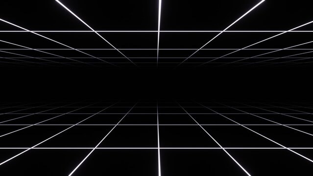 Fototapeta 3d abstract black and white background. Retrowave retro 80s 90s futuristic grey laser neon grid surface. Wireframe tunnel net in dark space isolated black Disco music  template