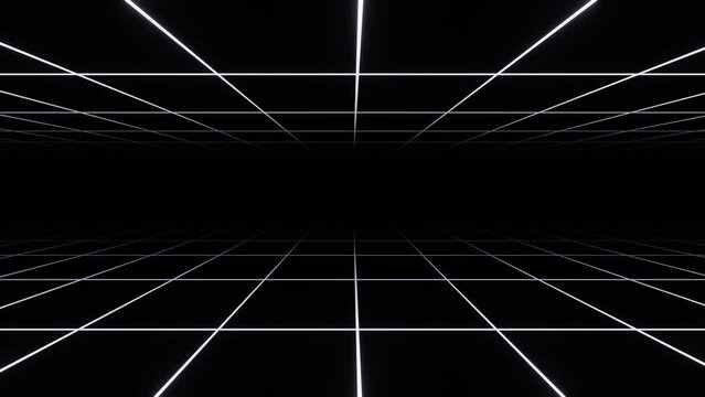 3d abstract black and white background. Retrowave retro 80s 90s futuristic grey laser neon grid surface. Wireframe tunnel net in dark space isolated black. Loop animation 30fps 4k Disco music template
