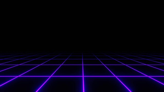 3d Synthwave retro neon laser blue purple background - horizon. Wireframe net and stars 80s 90s Retroway Futuristic sci-fi. Seamless loop animation 30fps 4k Disco music template