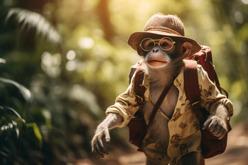 illustration of an tourist monkey in jungle. Created with Generative AI