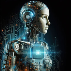 humanoid AI robot, artificial intelligence, motherboard, computer circuits, microchips,Machine learning, technology, innovation and futuristic. tecnología de inteligencia artificial, innovación.