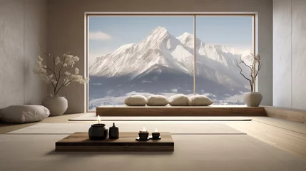 Foto op Canvas Beautiful and clean virtual background or backdrop for yoga, zen, meditation room space with serene and calm natural organic scenic outside snowy mountain view  © Andrea