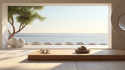 Fototapeta premium Beautiful clean virtual interior background for yoga, zen, meditation retreat room sanctuary with serene and calm natural organic scenic outside ocean sea view for teams video calls backdrop