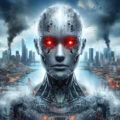 The menace of the AI. A human like android against the backdrop of a destroyed city