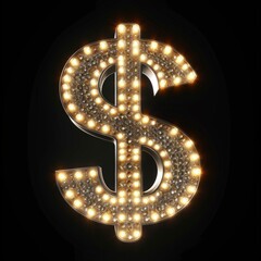 LED Dollar Sign isolated on Black Background. Photorealistic Buck Sign on Black backdrop. Square Illustration. Ai Generated Finance and Currency 3D Symbol.