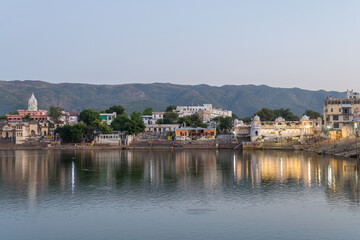 views of pushkar ghats close to the sacred lake, india