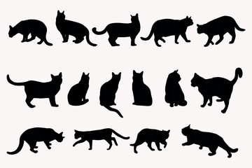 Cats silhouettes in different poses, sitting, walking, standing, isolated on white background. Black cat silhouette