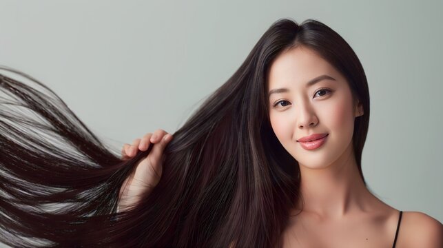 female Asian woman with long hair, smiling, advertises hair care product