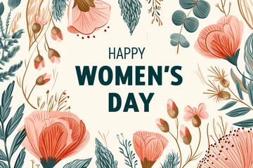 Poster Happy Women's Day vintage card with plants and flowers. Generative AI © photoguns