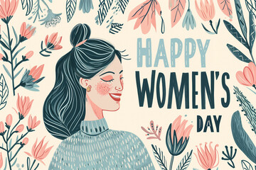 Happy Women's Day vintage card. Cartoon cute Woman with flowers. Generative AI  - obrazy, fototapety, plakaty