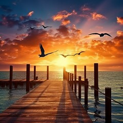 Sunset sea beach, summer sunrise landscape
