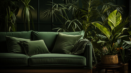 Light stylish furniture, green and orange velour armchair and couch with decorative pillow, home style	