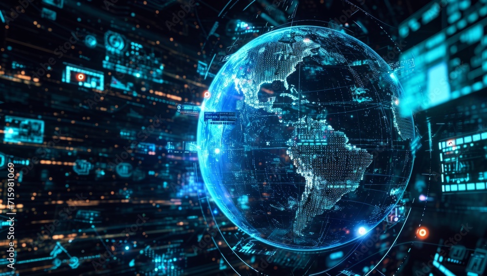 Poster an image of a digital world globe in the style of navy and cyan generative ai