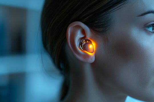 Young woman with hearing aid, futuristic concept