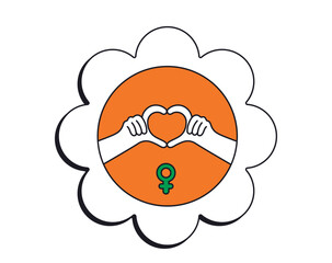 International Women's Day 2024 campaign #InspireInclusion. Inside the flower, the hands gesture a heart and a Woman’s sign —the design element for posters, cards, brochures, web, and social media.