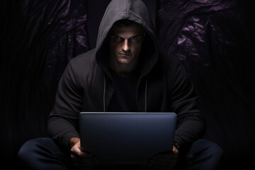 Hacker with laptop in hoodie dark theme. Generative ai