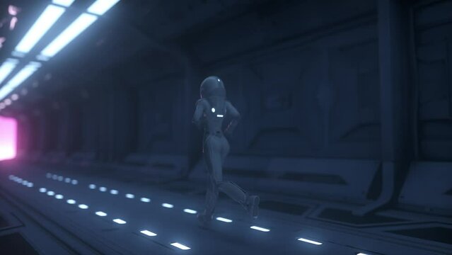 Astronaut runs through a spaceship tunnel. Spaceship and technology concept